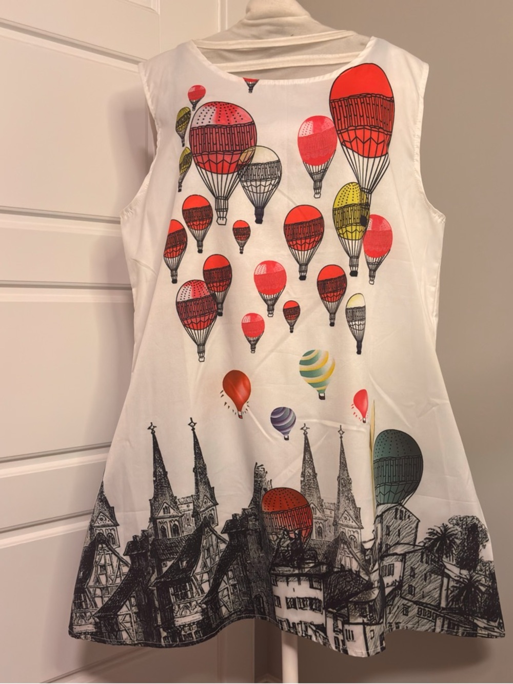 Women’s  White Dress with Colorful Hot Air Balloon Print